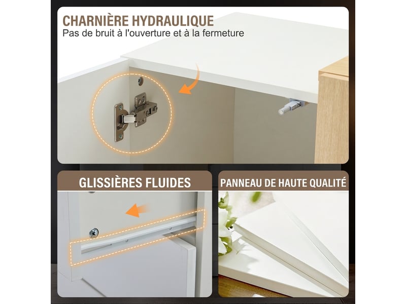  Buffet blanc laqué brillant avec 4 tiroirs et 2 portes, meuble de rangement moderne, longueur 140 cm  - Conforama E