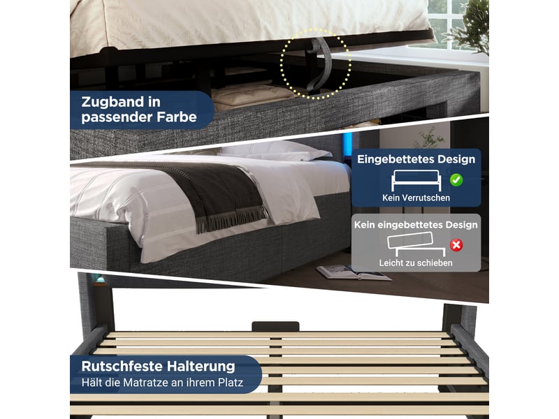  Lit double 160x200 cm avec éclairage led et ports usb et usb-c, lit coffre avec sommier à lattes en bois, gris, avec matelas, lin  - Conforama E