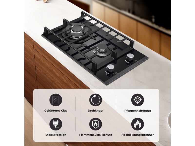  Plaque de cuisson gaz 2 feux, plaque gaz encastrable 30 cm en verre trempé noir, brûleur wok, 5200 w, gaz naturel ou propane  - Conforama D