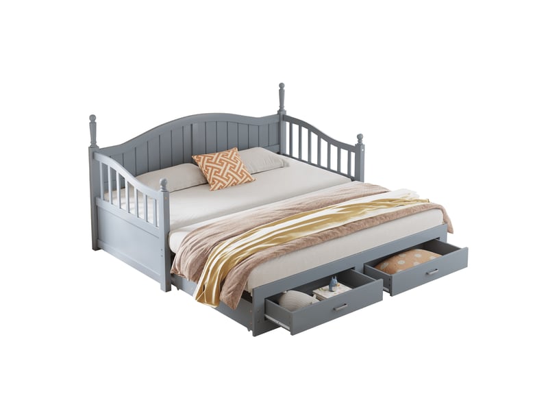 Lit enfant 90180x190cm, sommier, tête de lit, lit extensible, 2 tiroirs inclus, rangement, en bois+mdf, gris, sans matelas - Conforama A
