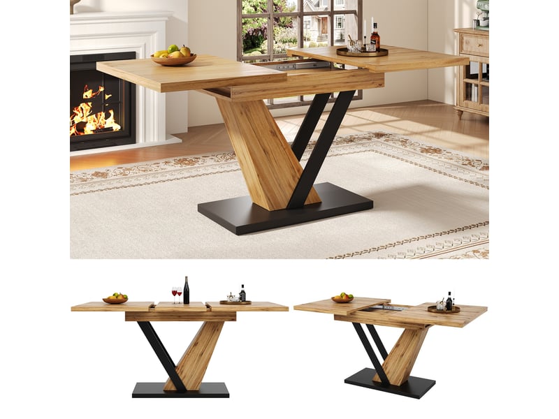 Table de cuisine rectangulaire avec allonge naturel+noir - 75x120-160max.cm mdf table bicolore - Conforama B