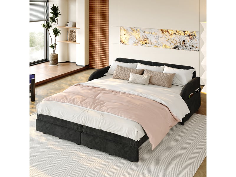  Canapé convertible 2 places 3-en-1, canapé-lit queen size avec poches latérales, coussins mobiles, tissu chenille noir, 166 x 84 x 90 cm  - Conforama C