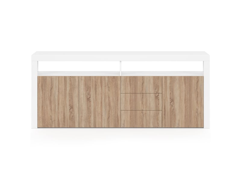 Buffet 180 cm elight xxl 3 portes et 3 tiroirs avec led et niches blanc et bois façon hêtre - Conforama C