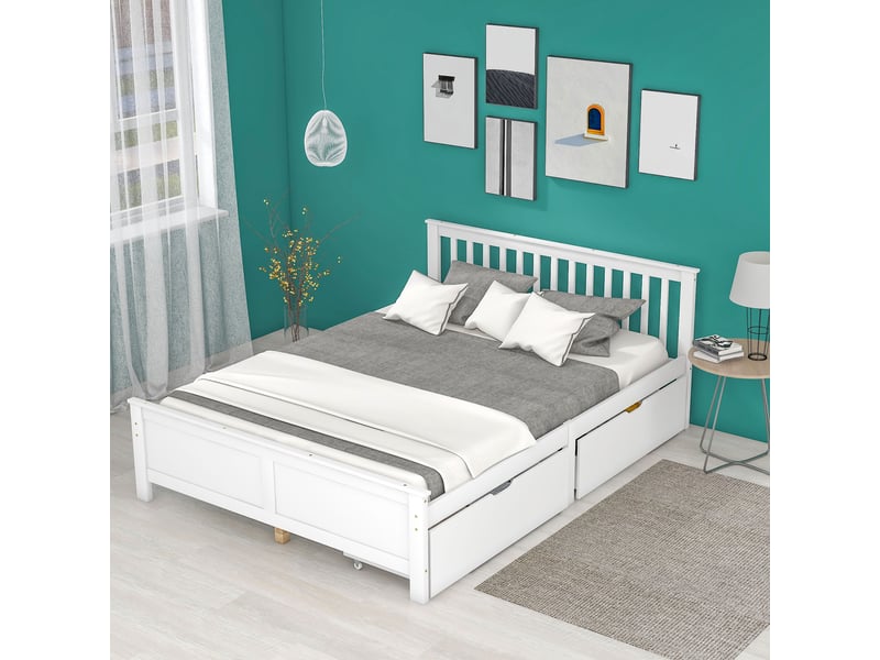  Lit en bois blanc 140x200 cm avec 2 tiroirs de rangement, tête à lattes et cadre en pin  - Conforama D