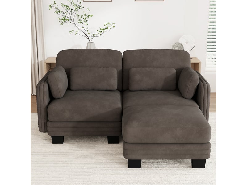 Canapé d'angle modulable 2 places modenvie en chenille marron 176 x 143 x 88 cm avec ottomane - Conforama B