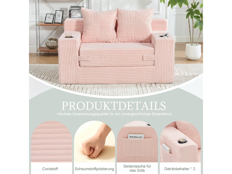  Canapé droit 2 places en velours côtelé rose, design contemporain avec coussins et rangement latéral intégré pour salon moderne  - Conforama D