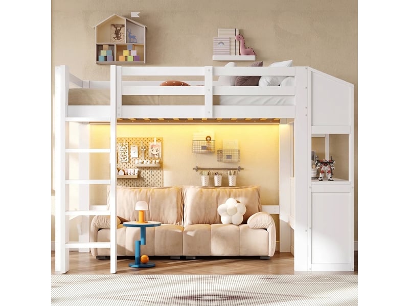  Lit mezzanine 90x200 avec 3 tiroirs et étagères, éclairage led, bois massif, blanc  - Conforama D