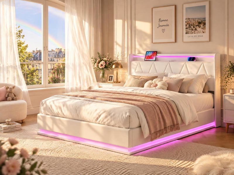  Lit coffre 160x200 cm avec tête de lit - leds - coloris blanc - sommier à lattes et espace de rangement  - Conforama B