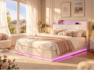 Lit coffre 160x200 cm avec tête de lit - leds - coloris blanc - sommier à lattes et espace de rangement