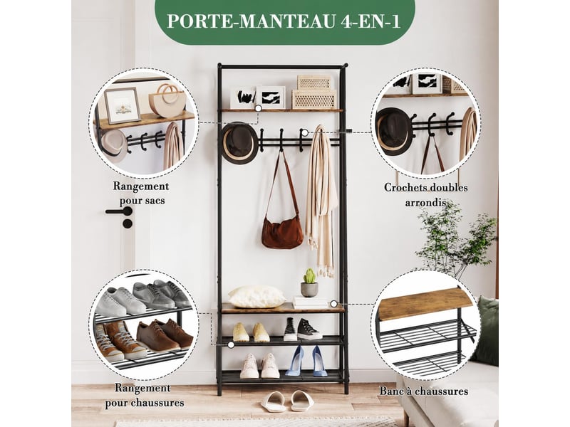  4-en-1 vestiaire d’entrée avec range chaussures, porte-manteau à 5 crochets, 180 x 63 x 30 cm  - Conforama D