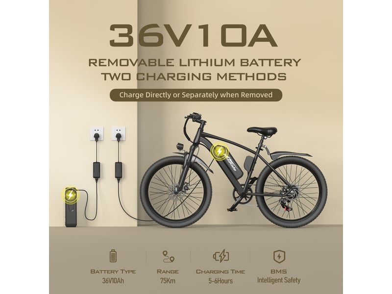  Vélo électrique 26 mairide q7, 36v 10ah, 7 vitesses, noir  - Conforama C