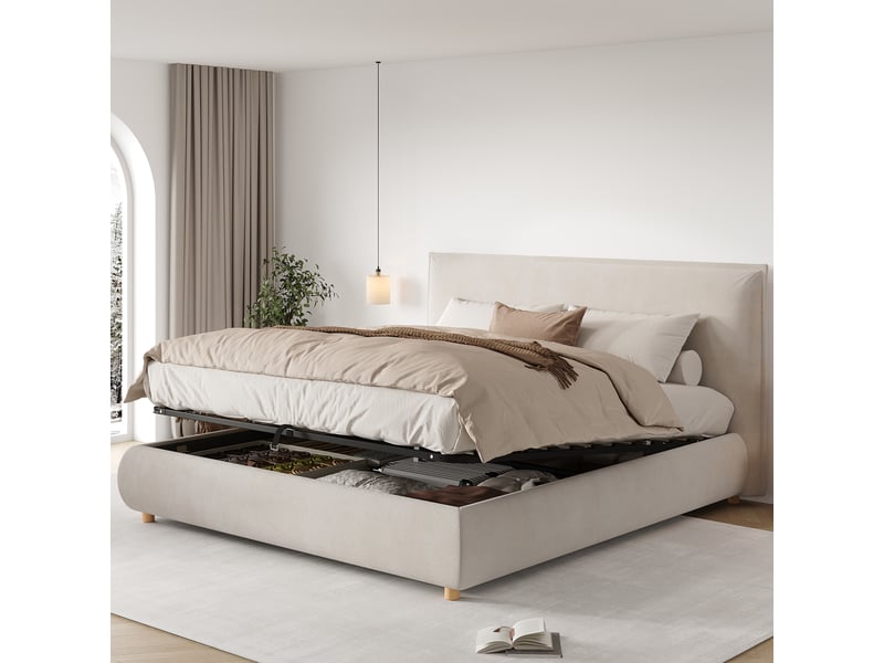 Lit coffre modenvie 160 x 200 cm en velours crème avec sommier à lattes et tête de lit  - Conforama D