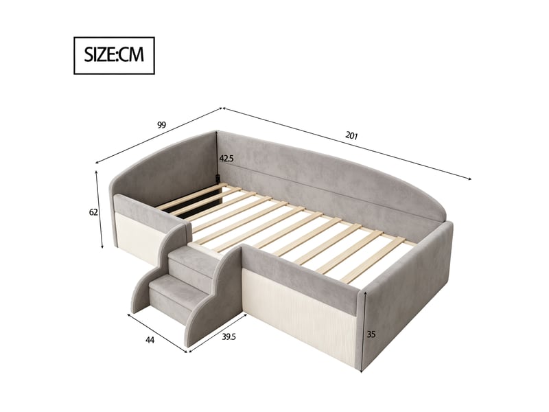  Lit enfant rembourré, 90x190 cm, espace nuit, marches, barrières de sécurité, matelas non inclus, velours, coloris gris  - Conforama C
