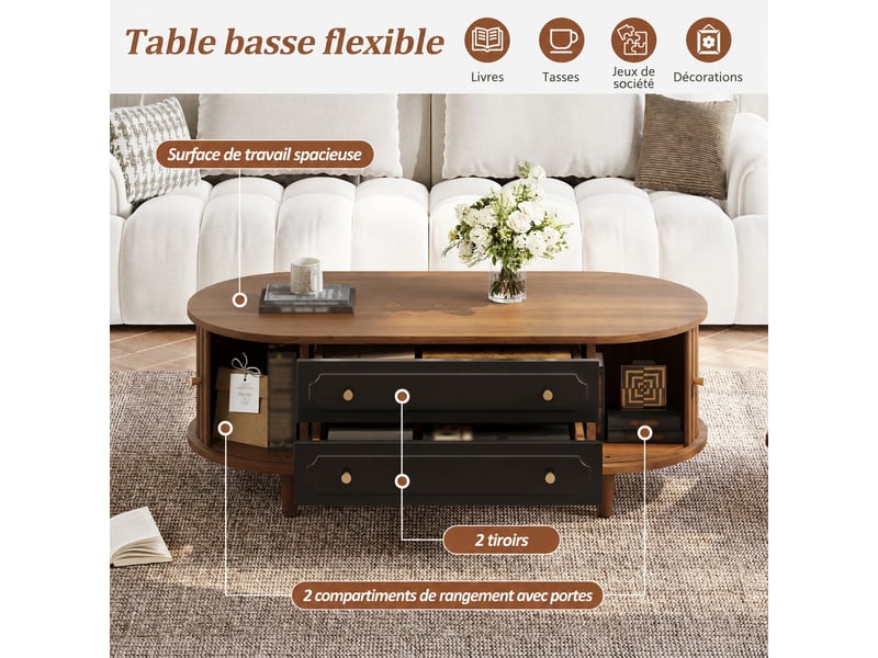  Table basse avec deux tiroirs, effet noyer et noir, 100 x 50 x 36 cm  - Conforama D
