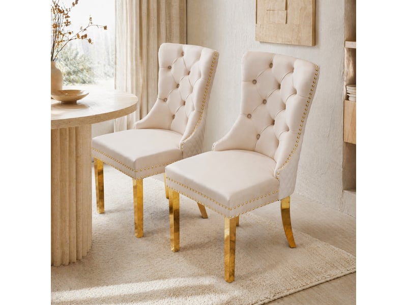  Lot de 2 chaises de salle à manger en velours beige et doré  - Conforama C
