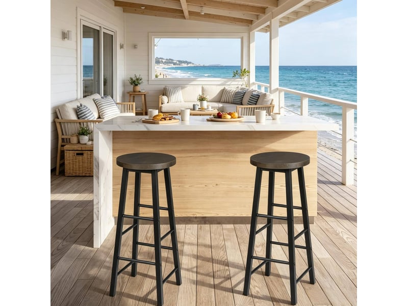  Tabouret de bar industriel lot de 2 avec repose-pieds et patins antidérapants en mdf et métal, noir  - Conforama B