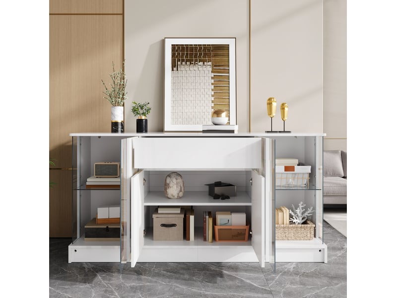  Buffet bas 150x40x75 cm blanc brillant avec vitrines led contrôlées par application  - Conforama D