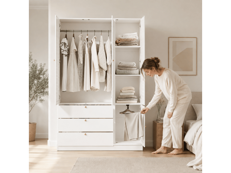  Armoire 3 portes avec persiennes blanches 135x50x200 cm - 3 tiroirs, 2 penderies et porte-pantalons  - Conforama B