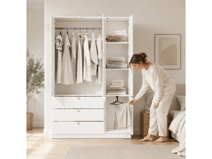 Armoire 3 portes avec persiennes blanches 135x50x200 cm - 3 tiroirs, 2 penderies et porte-pantalons