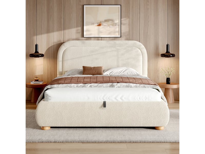 Lit coffre 140x190 cm bouclé beige avec tête de lit rembourrée et sommier à lattes - Conforama D