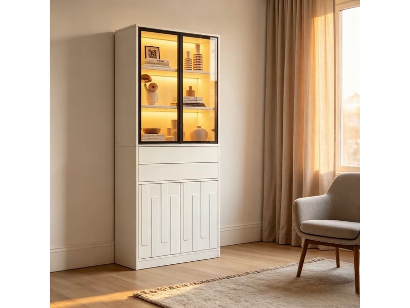  Buffet haut 70x34x180 cm, en panneaux de particules avec led, 2 tiroirs, style moderne, pour la maison, coloris blanc  - Conforama B