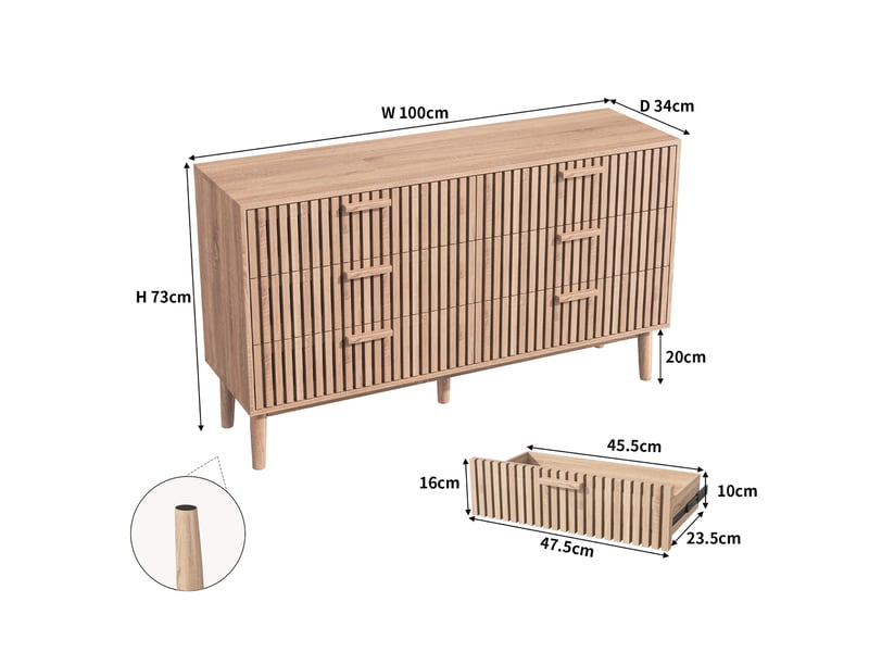  Commode 100, 6 tiroirs, buffet 100, commode chambre, design à lattes verticales, meuble de rangement, chêne clair  - Conforama E