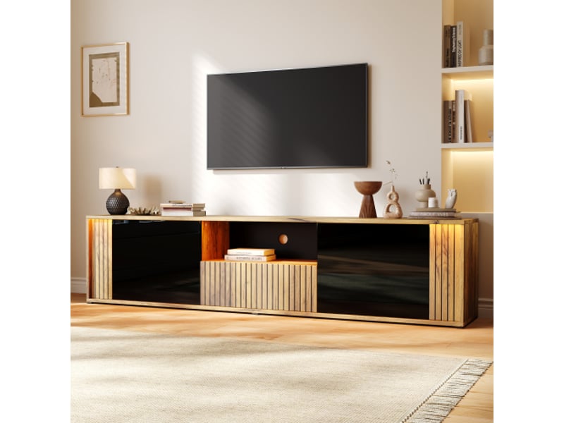  Meuble tv bas avec led, 2 portes et 1 tiroir, mdf et panneaux de particules, 180 × 40 × 51 cm, noir et bois  - Conforama D