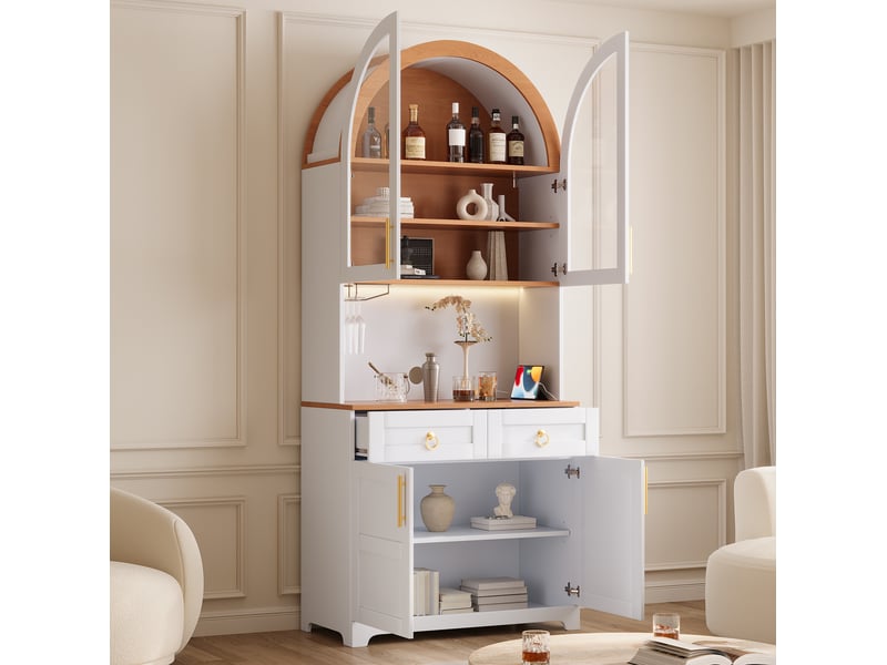 Buffet 80x40x180 cm avec vitrine en verre cintrée, éclairage led, prise intégrée et usb, 2 tiroirs, en mdf, blanc - Conforama E