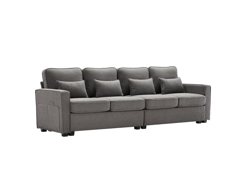  Canapé droit 4 places gris foncé en tissu aspect lin, poches latérales et 4 coussins Fay Lum - Conforama A