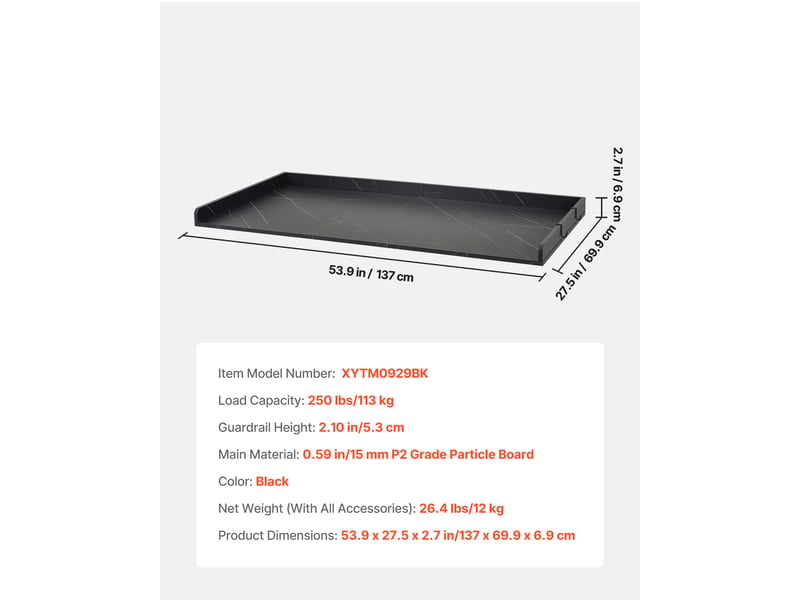 Vevor plan de travail pour lave-linge et sèche-linge 137x69,9 cm, panneau p2 15 mm, noir, capacité 113 kg, avec rebord et 2 crochets XYTM0929BK - Conforama C