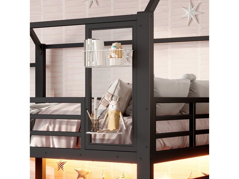 Lit mezzanine enfant avec toboggan et éclairage led bluetooth, structure métal noir, couchage 140 x 200 cm - Conforama E