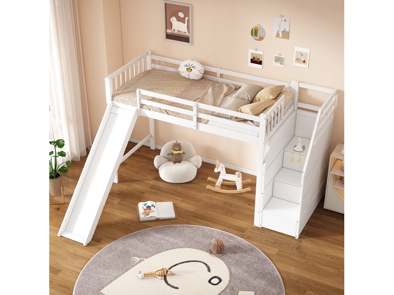  Modenvie lit mezzanine enfant 90x200 cm - avec toboggan, escalier de rangement, sans matelas - blanc  - Conforama E