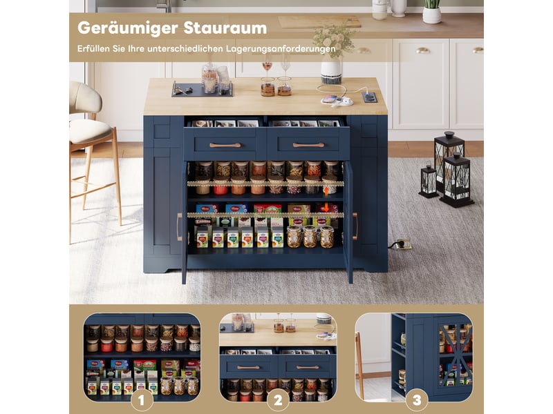  Îlot de cuisine mobile 120 × 4065 × 92 cm en mdf, table rabattable, prises ac et usb, porte vitrée et roulettes freinées  - Conforama E