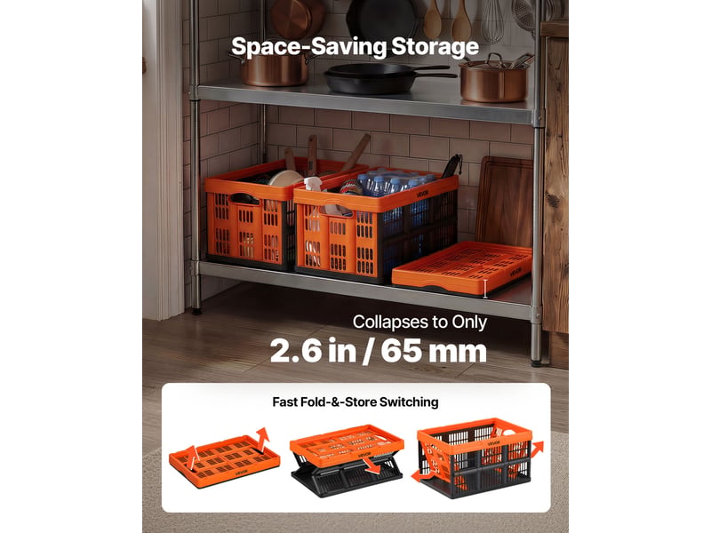  Vevor caisse plastique pliable 45 l lot de 6, cagette pliable avec poignees, charge max. 15 kg par caisse, bac de rangement empilable pour maison, voiture, camping et courses, en pp, orange et noir  - Conforama D