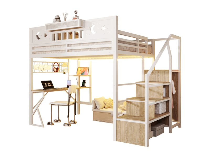 Lit mezzanine 140x200 cm avec bureau, panneau perforé, étagères, usb, led multicolore, escalier avec rangement, métal et mdf, blanc OMNIGLINT TRADING LTD - Conforama A