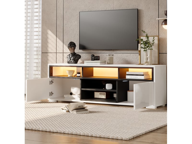  Meuble tv ulevr avec led et rangement, 150 x 35 x 50 cm, panneau de particules blanc et noir  - Conforama B