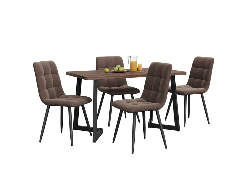  Ensemble table et 4 chaises 117x68x75 cm mdf décor noyer et velours marron  - Conforama A