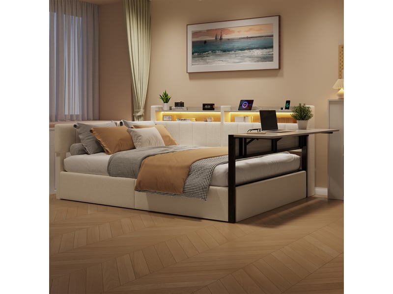  Lit coffre hydraulique 140x200 cm avec  led, table rabattable et usb-c, velours blanc, structure mdf, sans matelas  - Conforama W