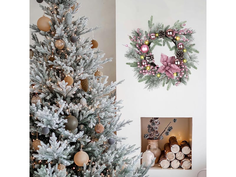 Couronne de noël rose 50 cm avec pommes de pin, nœud et boules, avec lumières, décoration porte intérieur extérieur - Conforama E