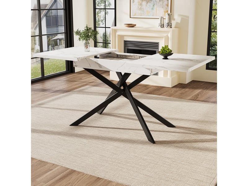  Table à manger extensible 120–160 cm, blanc effet marbre et noir Fay Lum - Conforama E