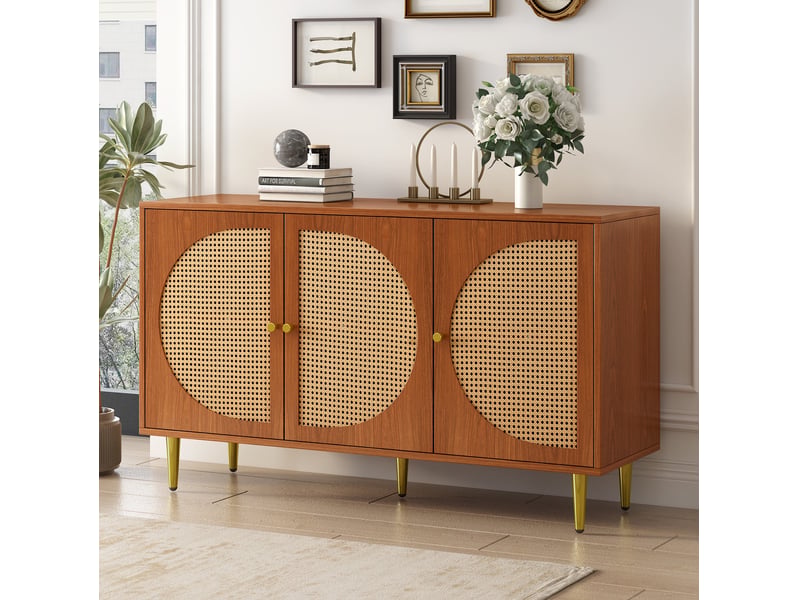 Buffet bas 3 portes avec décor effet rotin et poignées en métal, noyer, 129,8 x 40 x 76 cm - Conforama D