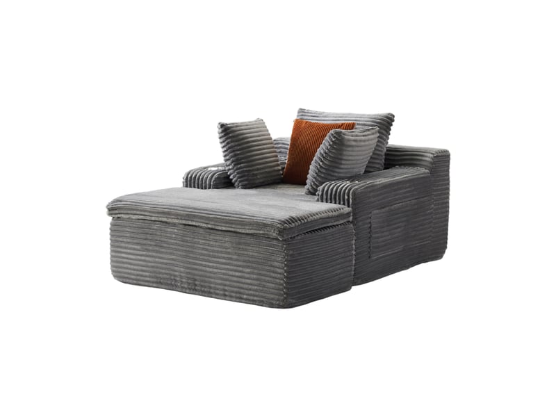  Canapé de sol méridienne 112x165x63 cm, style moderne, 3 coussins, 1 plaid, mousse haute densité, velours côtelé, gris  - Conforama A