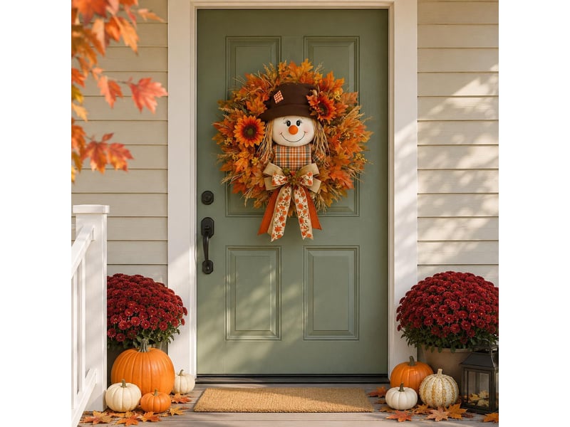 45cm décoration automne porte avec épouvantail, couronne en bois feuilles d’érable, plaque bienvenue pour maison - Conforama D