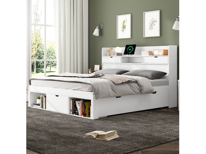  Lit double 140x190 cm avec tiroirs, rangements et ports de recharge, coloris blanc  - Conforama E