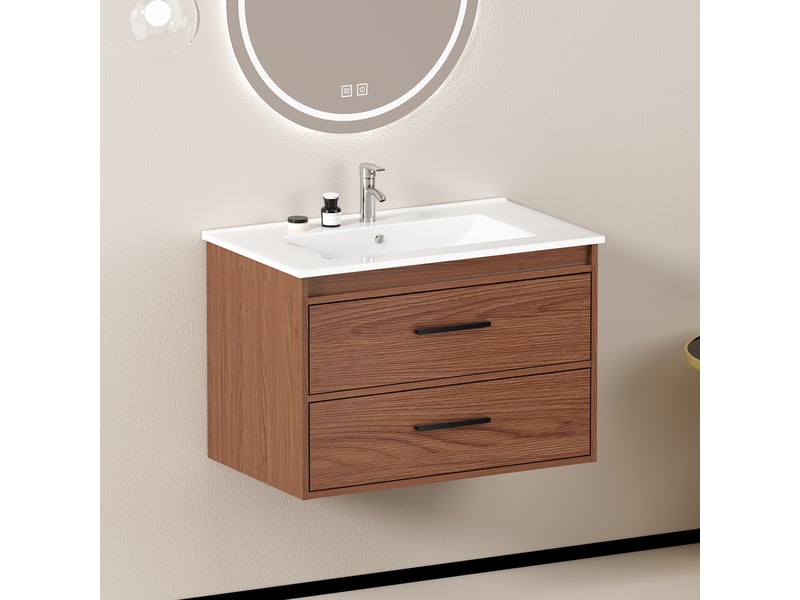  Meuble de salle de bains 2 tiroirs de rangement - lpospi - mdf résistant à l’humidité marron rouge 75 cm  - Conforama C
