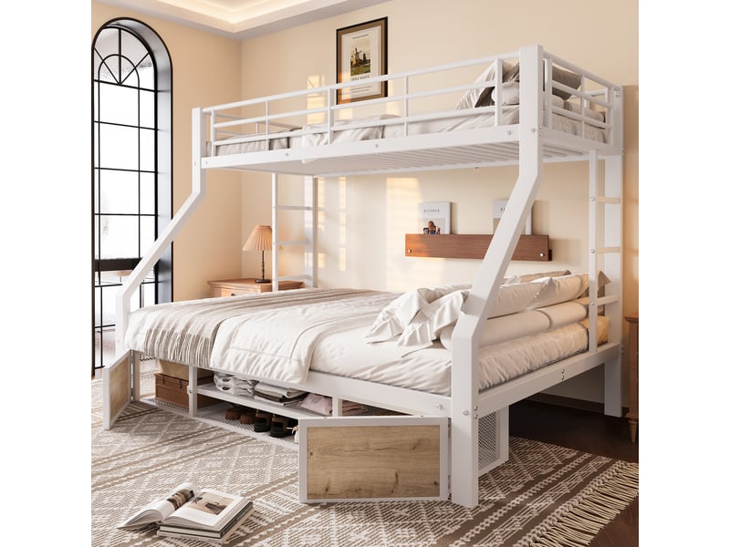  Lits superposés 90x200 cm et 140x200 cm blanc, armoire à chaussures, rangements, échelle, sans matelas  - Conforama D