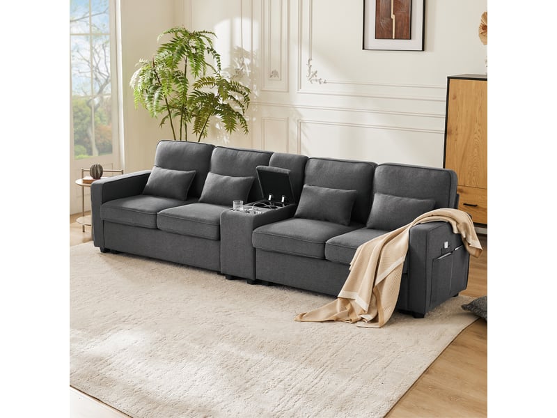  Canapé moderne 4 places 290 x 83 x 88cm, console, 2 porte-gobelets, 2 ports usb, poches d’accoudoirs et 4 coussins, lin, gris Bliss Lite - Conforama E