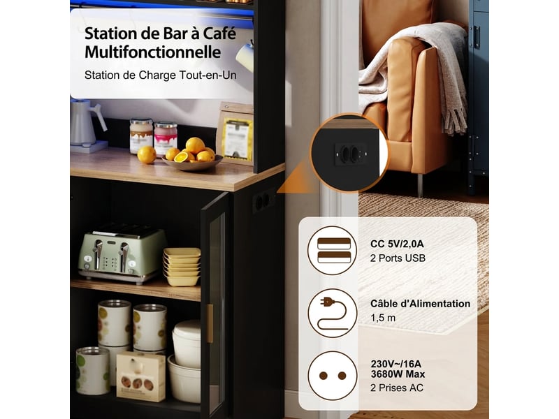  Buffet de cuisine haut noir en mdf 178 cm avec éclairage led et prise  - Conforama E