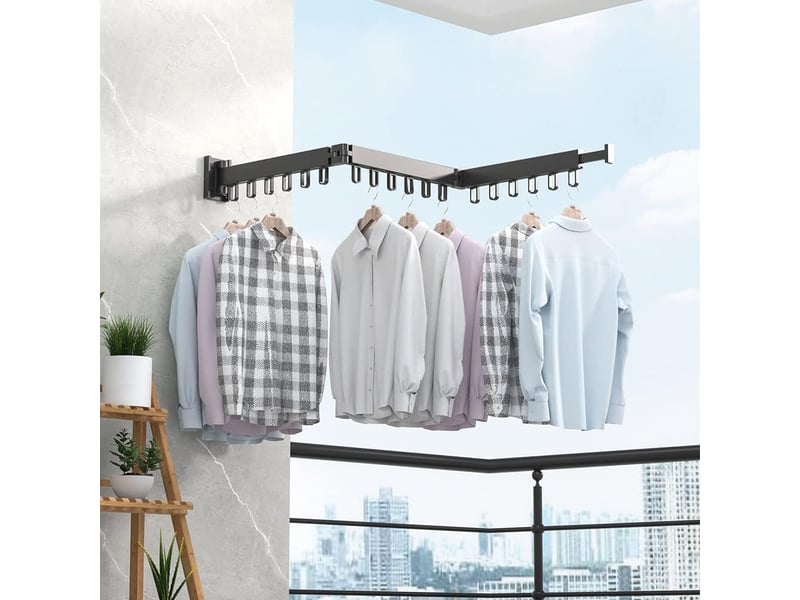 Porte-vêtements étendoir à linge mural rétractable avec crochets, rotatif à 360 °, tri-pliable pour balcon, buanderie, salle de bain (noir - Conforama D