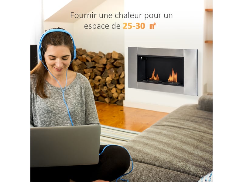  Cheminée bioéthanol murale encastrable brûleur 2*0,9 l, environ 3 h de durée de combustion 110l x 14,5l x 54h cm couverture 25-30 m² acier inox  - Conforama D